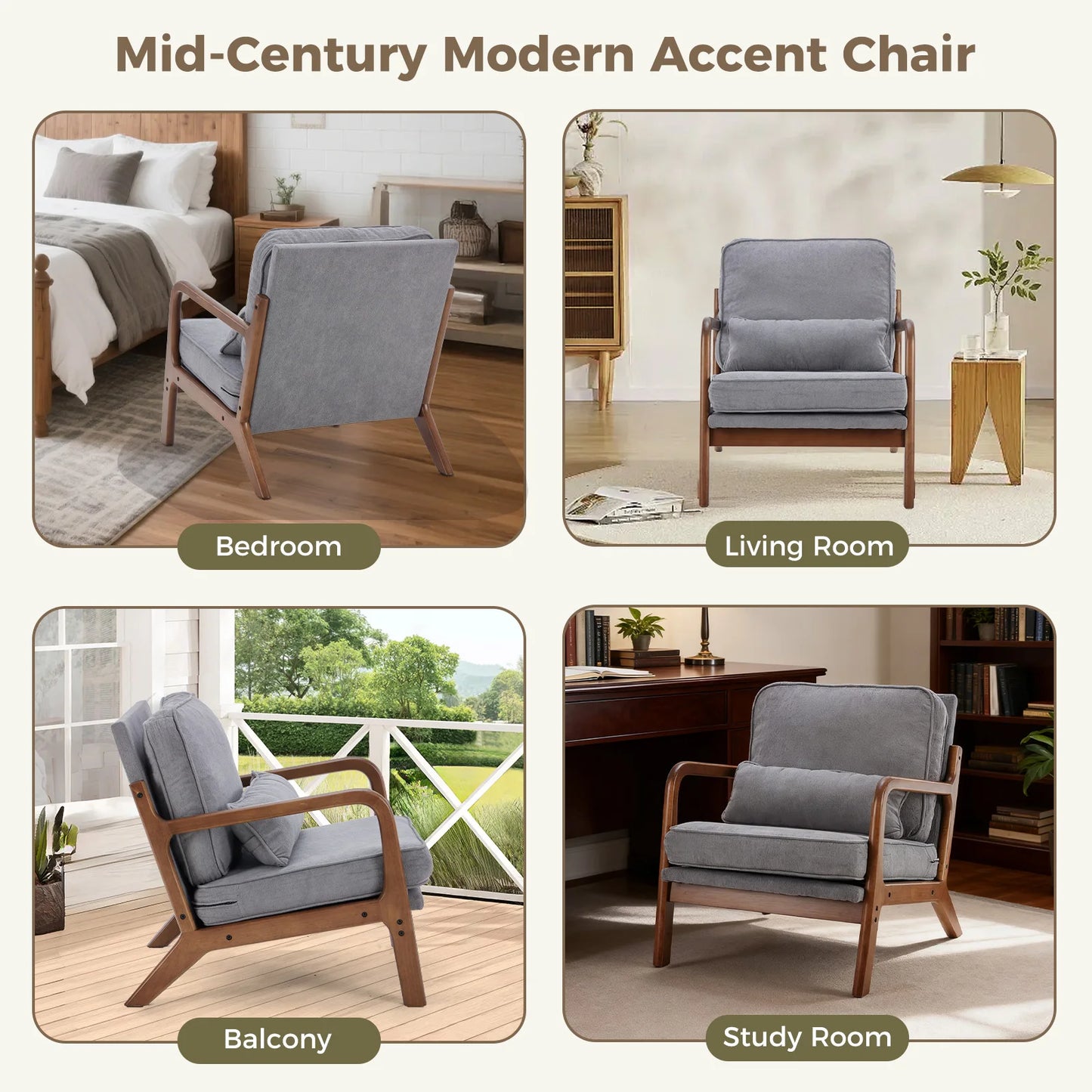 JHK Mid Century Modern Chair Solid Wooden Frame Accent Chair with Arms and Waist Cushion Reading Chairs for Adults Lounge Chair