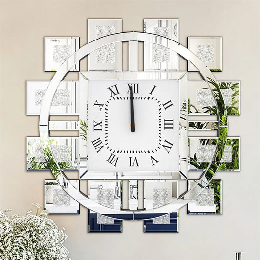 Wall Clock 60cm/24" Round Clock with Crushed Diamond Decor Beveled Mirror Edge Frame Silver for Entry, Livingroom, Office
