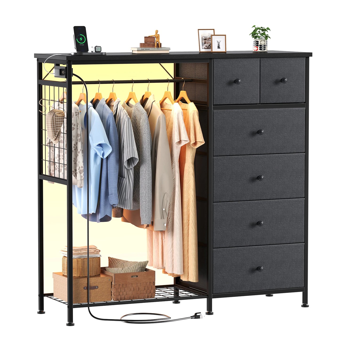 JHK 6 Drawer Fabric Dresser with Hanging Rack for Living Room Closet Storage Organizer with Charging Station and LED Lights for Home Entryway