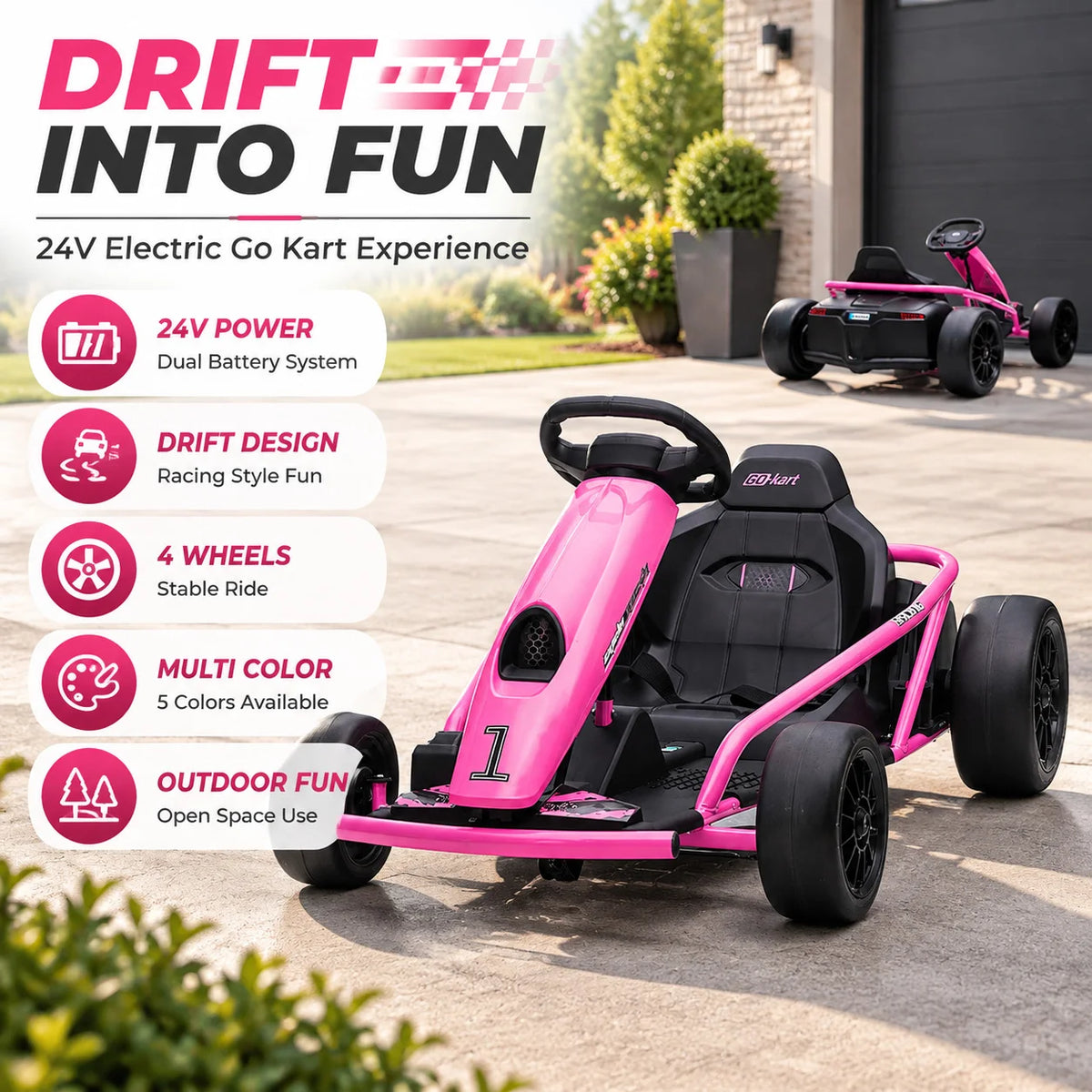Kids Electric Go Kart 24V Dual 300W Brushless Motors 8 MPH Drift Racing Car with Wide Seat EVA and Nylon Tires Battery Powered Ride On Toy for Boys Girls Ages 8 12 Red