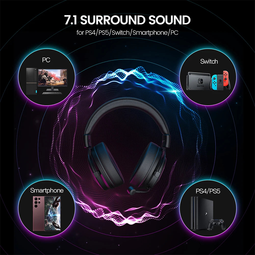 5.8GHz Wireless Headphones 7.1 Surround Sound Gaming Headset ENC Noise Cancelling Mic 15ms Low Latency 3 Mode Connection 50mm Drivers Immersive Audio Clear Voice Adjustable Mic for PC PS4 PS5 Xbox Switch