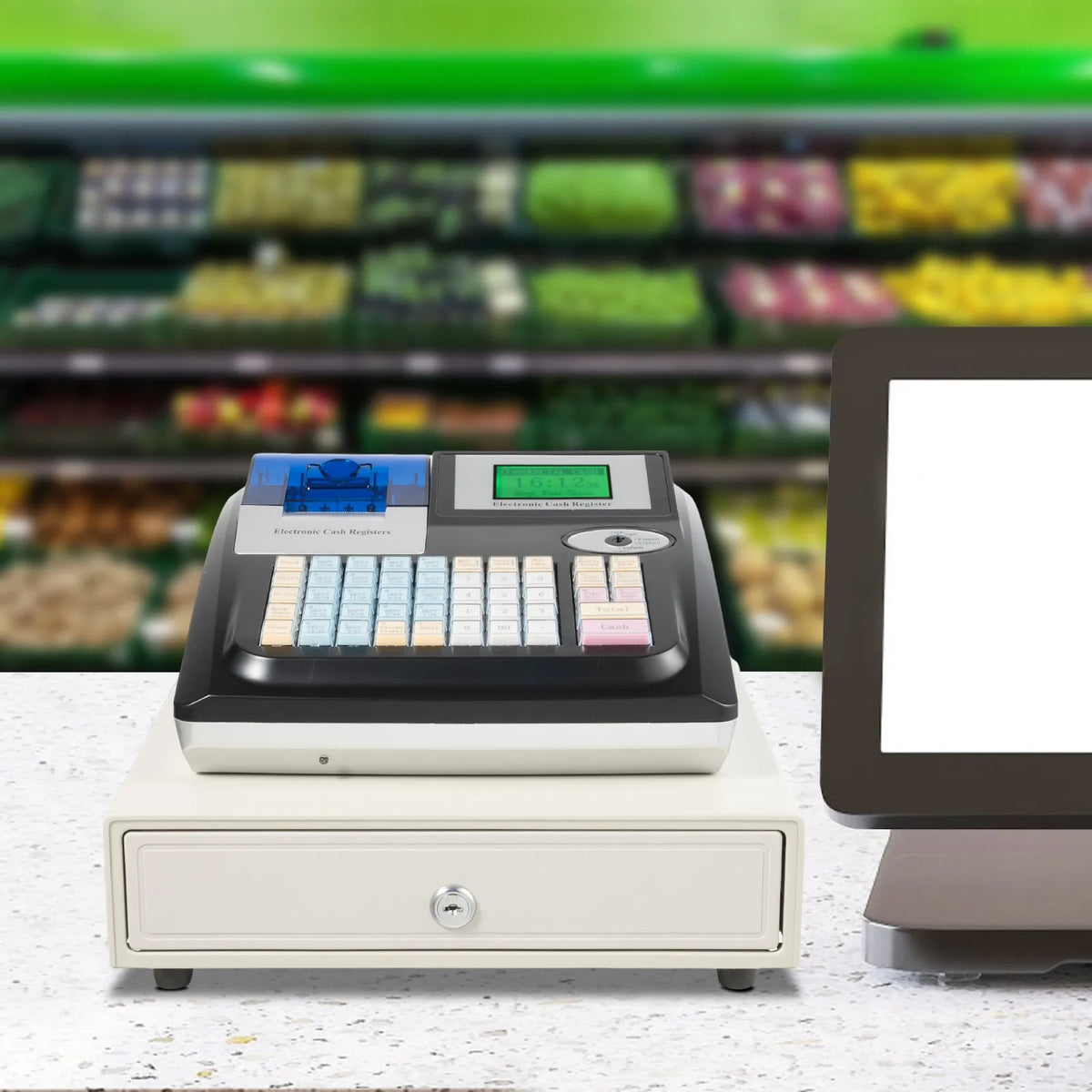 48 Keys Electronic Cash Register Commercial 8 Digital LED Black Cash Register with LED Display & LCM Screen Cash Register