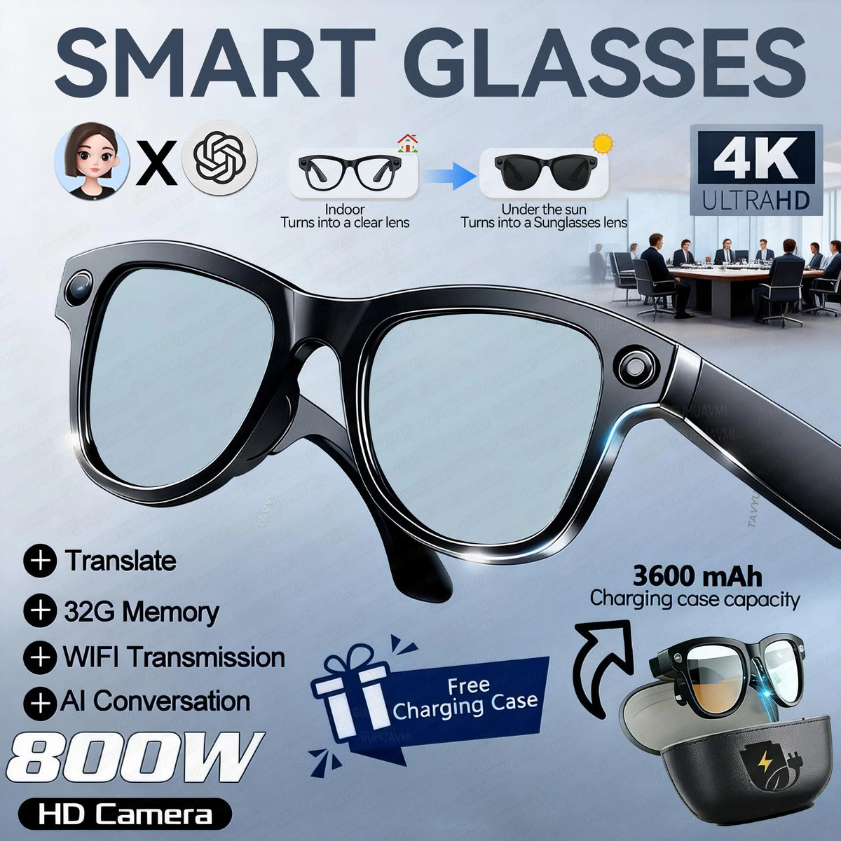 New AI Camera Glasses, 1200P Video, 8MP Photo, Object Recognition, Voice Wake Up, Dual Mic Noise Reduction Bluetooth Eyewear Set