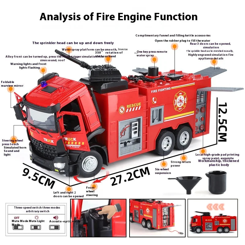 Large Water-Squirt Fire Water Tank Truck Model Metal Die-Cast Front Wheel Steering Children's Toy Car Ornaments  Gift
