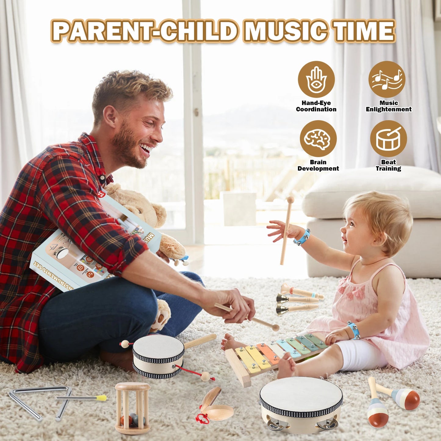 11 in 1 Toddler Musical Instruments,Wooden Percussion Instruments Toy for Kids Baby Preschool Educational Musical Toys Set for B