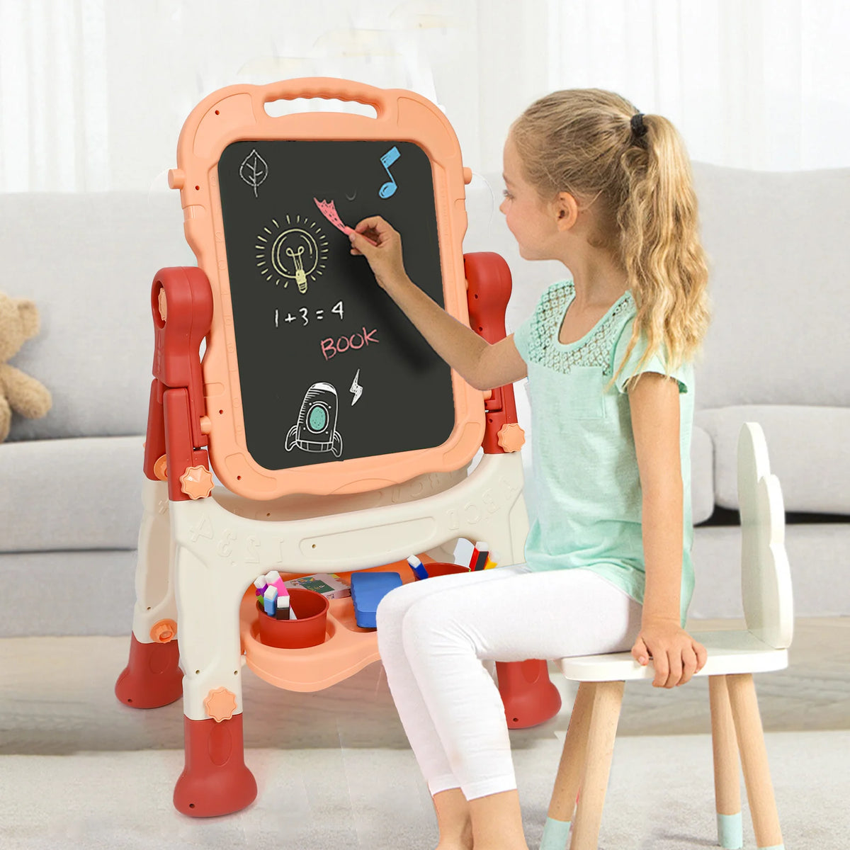 Children's art easel, adjustable standing rotating double-sided easel, with painting accessories, suitable for boys and girls aged 3 and above, standing children's art easel is an ideal birthday / Christmas / New Year gift fo