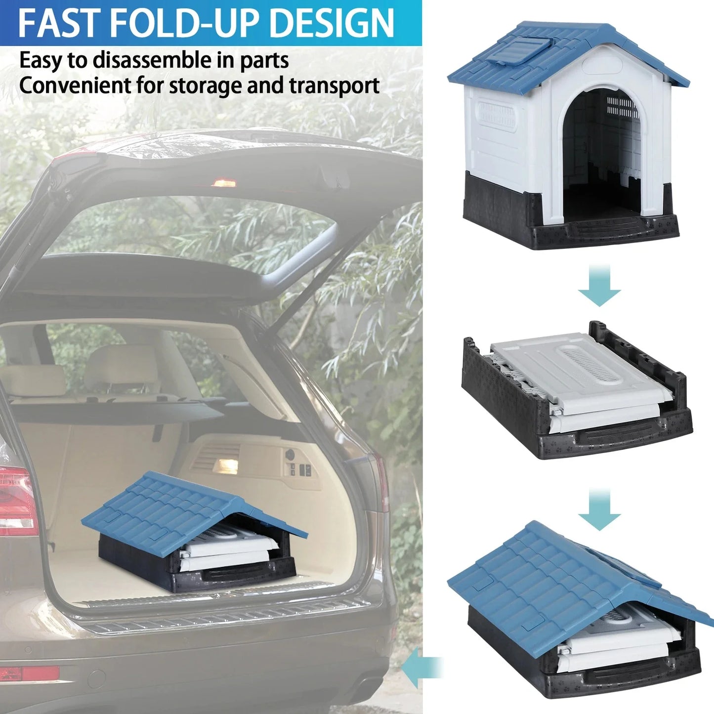 26.8'' Folding Medium Dog House Plastic with Adjustable Skylight & Elevated Base