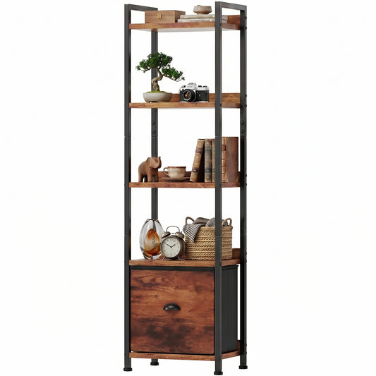 MCQ 5 Tiers Metal Classic Bookshelf with Fabric Drawer Freestanding Tall Display Shelf Storage Shelves Bookshelf Sturdy Structure Graduated Shelves for Home