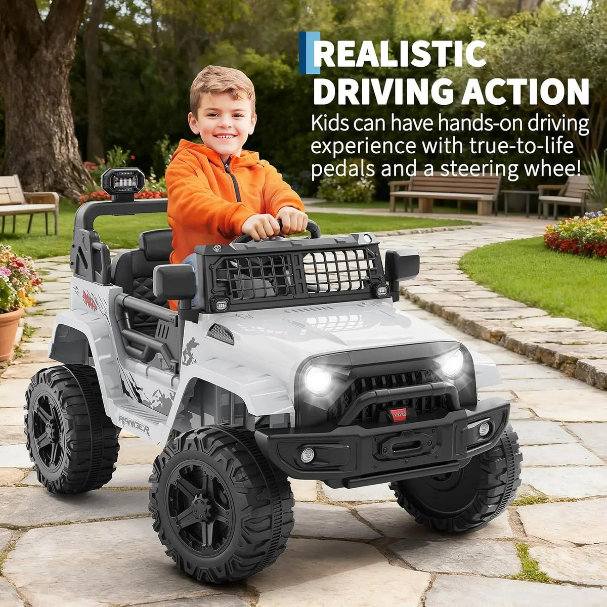 12V Kids Electric Ride on Truck with Parent Remote Control Spring Suspension Bluetooth Speaker LED Headlights All Terrain Toy Car with Safety Belt for Toddlers Outdoor Driving Gift