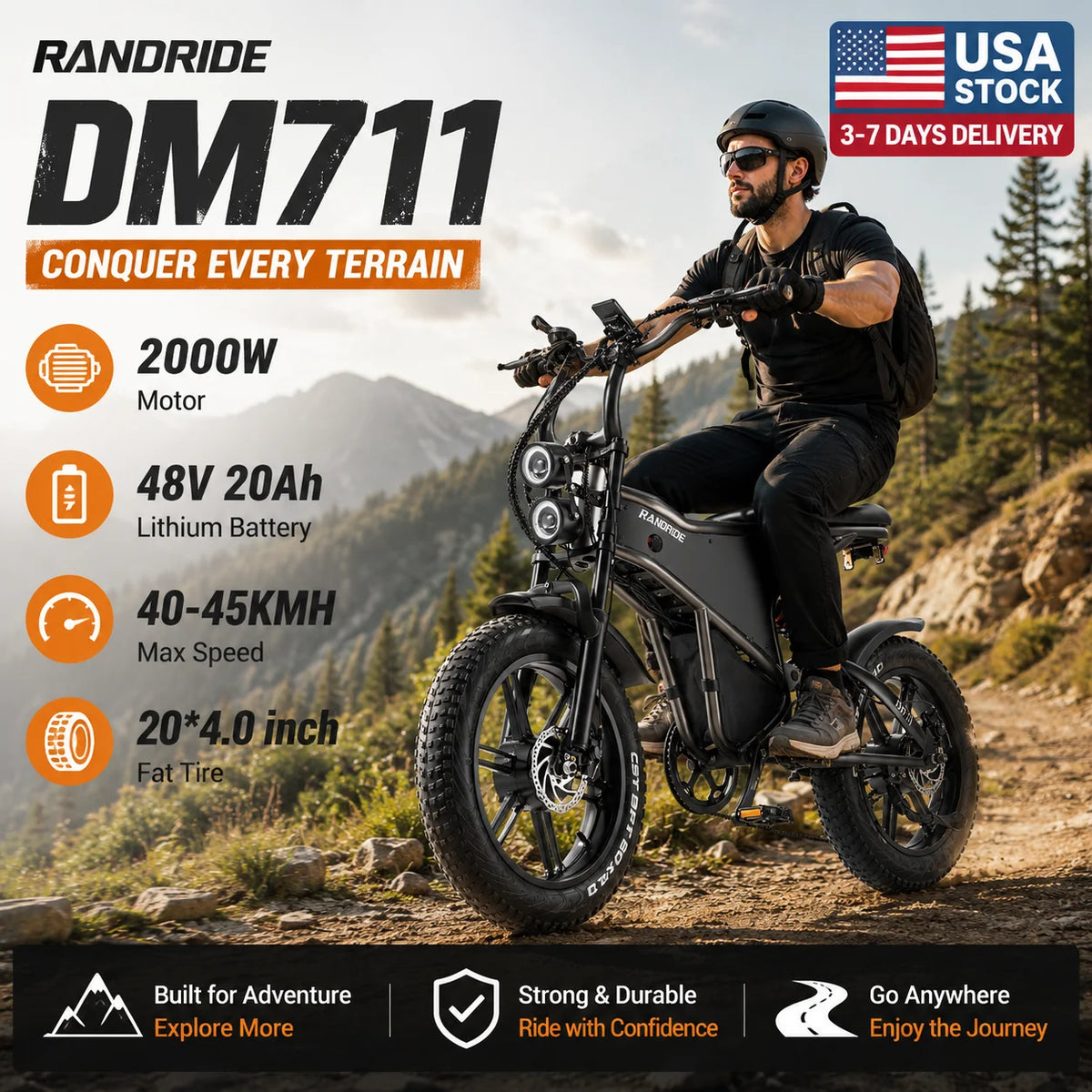 Electric Bike for Adults RANDRIDE DM711, 2000W Motor, 48V 20Ah Removable Lithium Battery, 20*4.0 inch Fat TireFull Suspension Electric Mountain Bike, Mechanical Brake, Long Range Off-Road Beach Snow Bicycle, 40-45KMH Max Spee