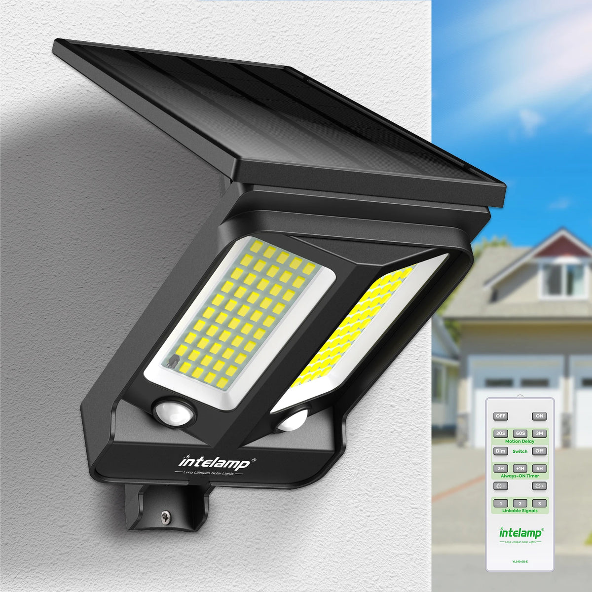 Intelamp Long Battery Life 4000mAh Outdoor Solar Flood Lights 240° Wide Security Street Light Two Motion Sensors For Garden Yard