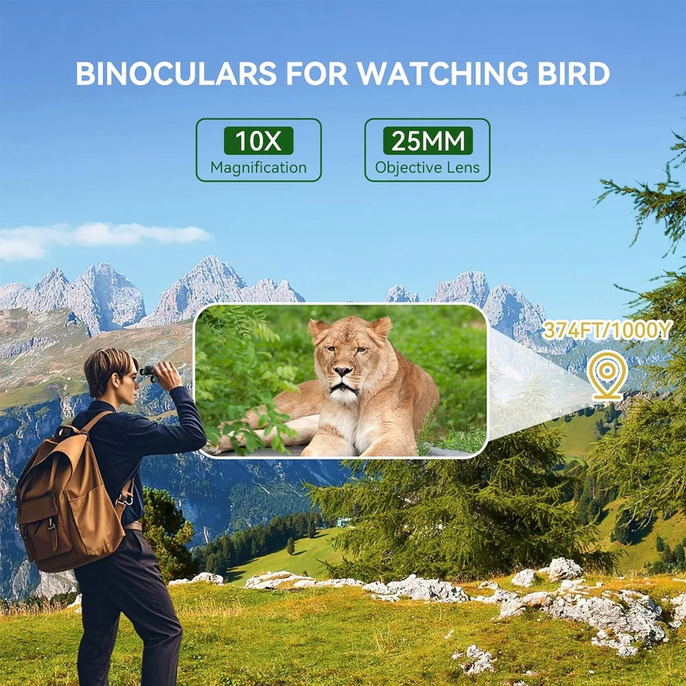 Binoculars 10X25 HD Mini Portable Telescope BAK4 FMC Coated Telescope Outdoor Bird Watching Hunting Travel Camping Ball Game