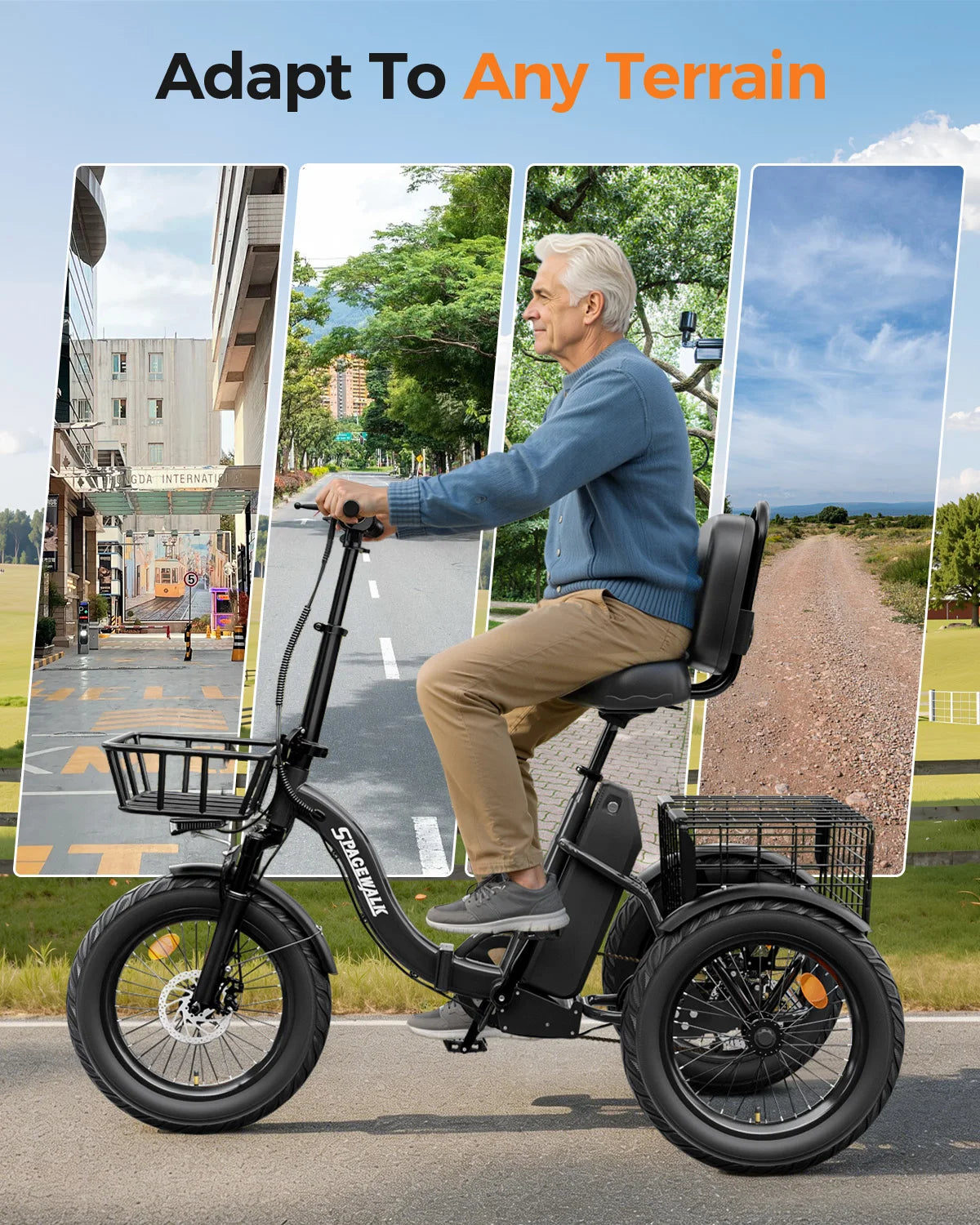 Spacewalk 1200W Peak Electric Trike for Adults, 48V 15Ah Battery 3 Wheel Electric Bike with 18"x3.0 Fat Tires, 60 Miles Range, Folding Cargo E-Bike with Wide Comfort Seat & Basket for Seniors-Black