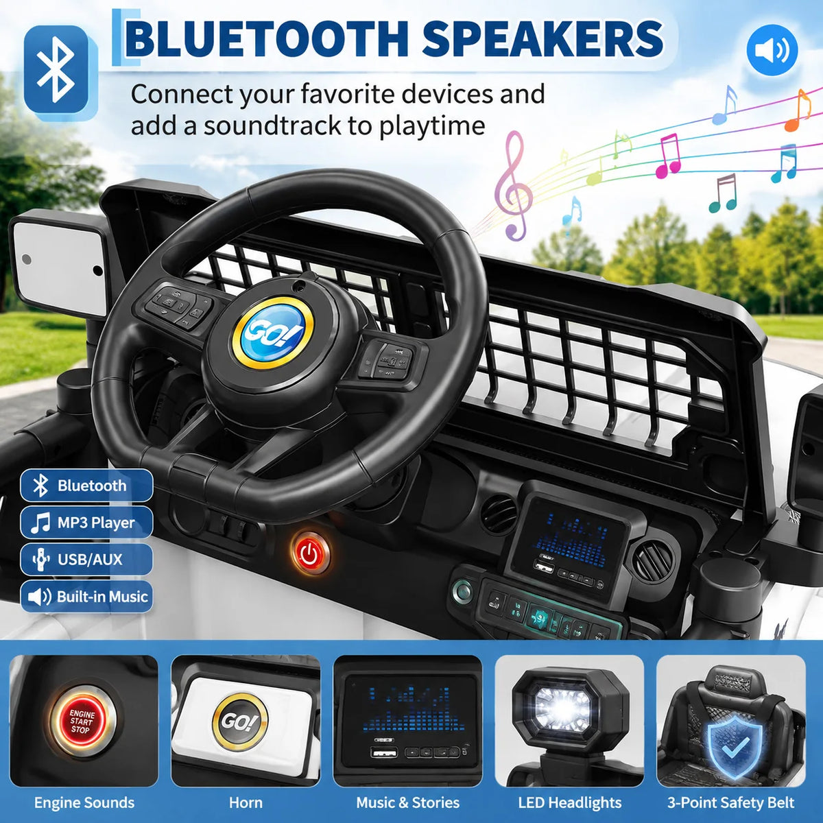 12V Kids Electric Ride on Truck with Parent Remote Control Spring Suspension Bluetooth Speaker LED Headlights All Terrain Toy Car with Safety Belt for Toddlers Outdoor Driving Gift