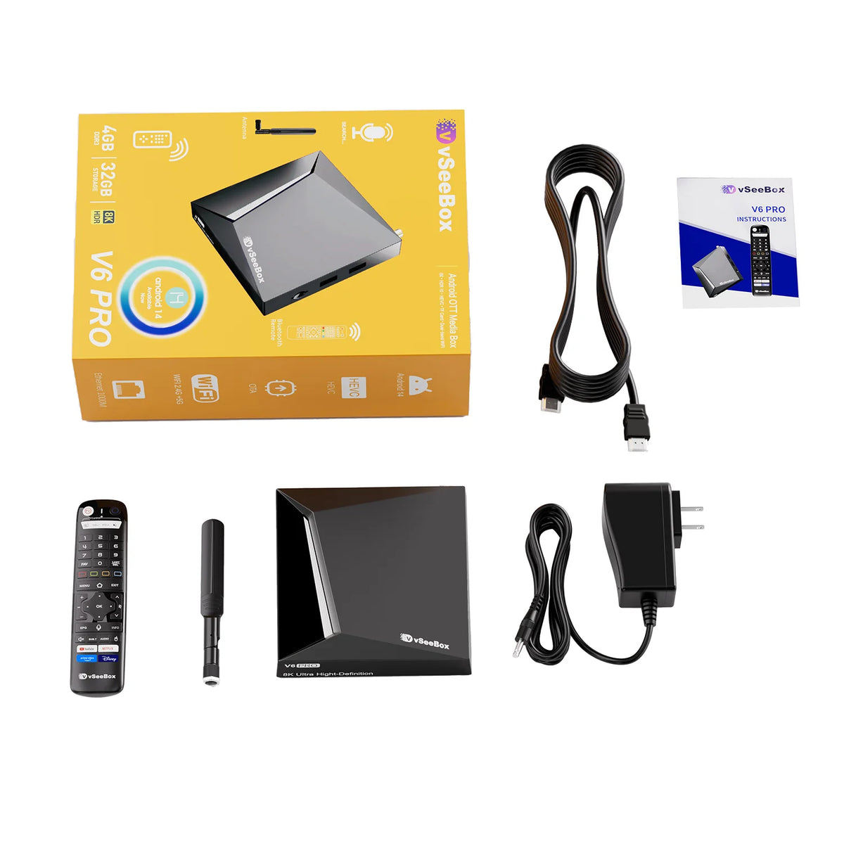 2026 Vseebox V6 Pro Android 14 TV Box 8K HDR 4GB RAM 32GB Storage with WiFi 6 and Gigabit LAN Upgraded from V5 Pro
