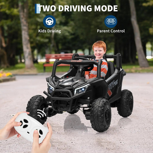 12V Kids Ride On Car UTV Truck With Remote Control 4WD/2WD Switchable Electric Vehicle With 4 Spring Suspension EVA Tires Safety Belt Double Open Doors Bluetooth Music LED Lights for Ages 3-8 Years