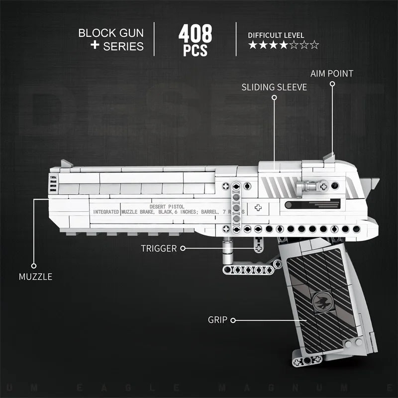 Reobrix Desert Eagle Building Block Set - Realistic Pistol Model with Detachable Magazine & Firing Function, DIY Toy Gift