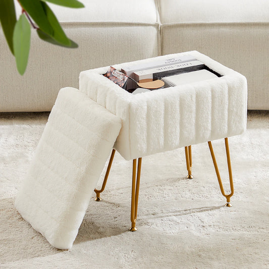 JHK Faux Fur Living Room Hidden Storage Stools & Ottomans Padded Makeup with 4 Metal Legs Anti-Slip Adjustable Feet for Home
