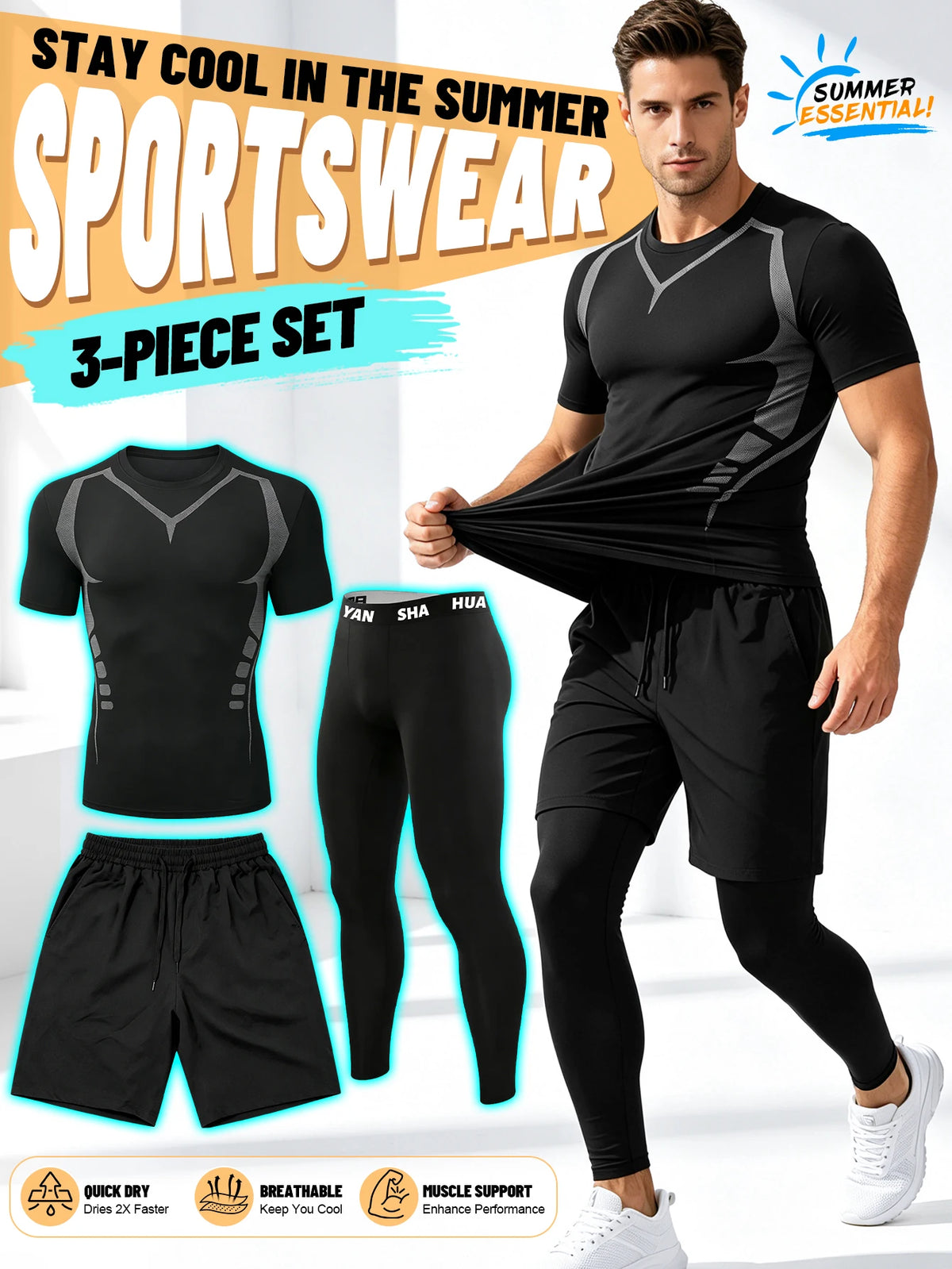 Men's Three-Piece Fitness Outfit Set: High-Elasticity, Quick-Drying Compression Training Top, Adjustable Shorts With Pockets, And High-Elasticity Compression Leggings; Suitable For Gym Workouts, Jogging, Cycling, And Other Sp