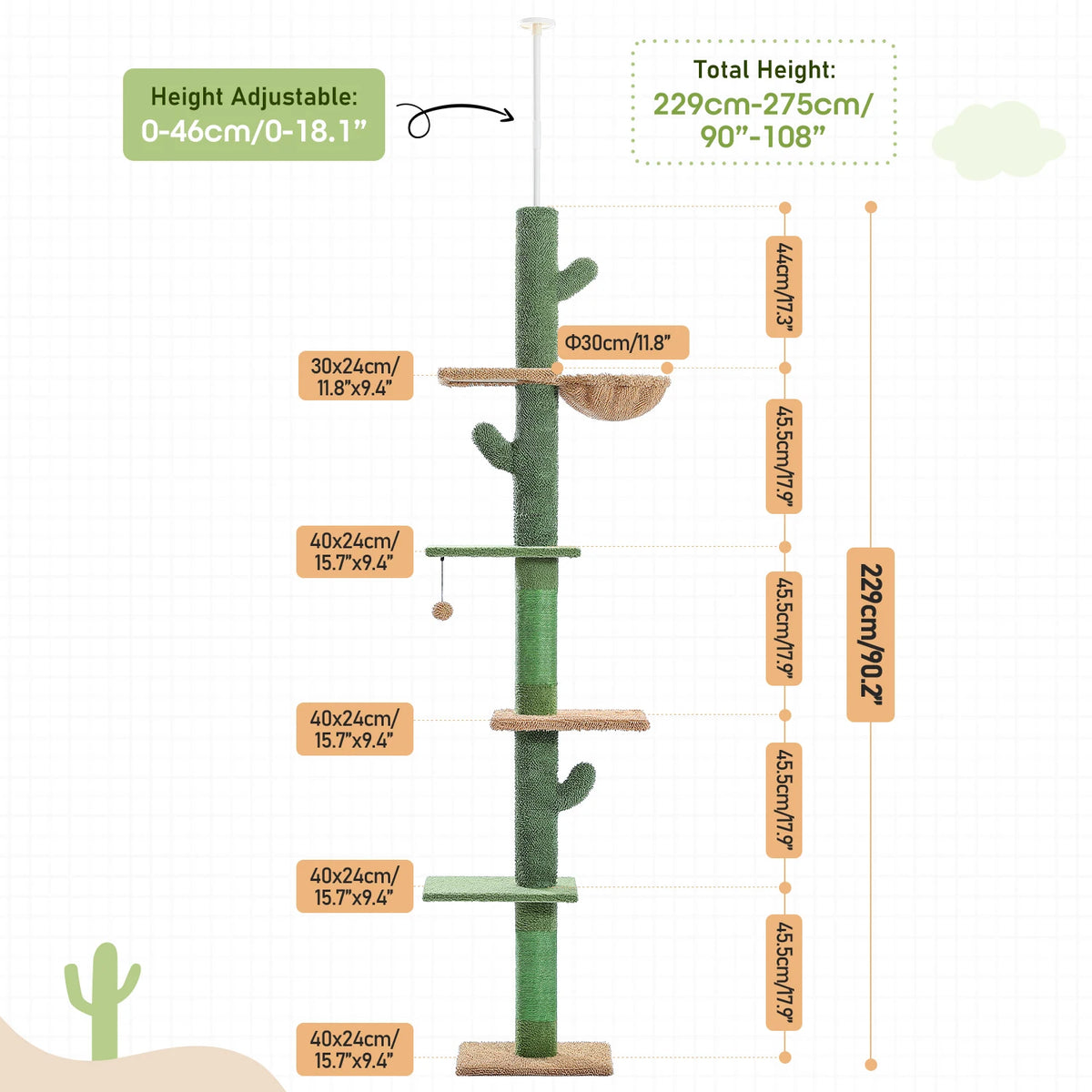 Cat Tree 5-Tier Floor to Ceiling Cat Tower Cactus Tall Climbing Tree with Scratching Post Hammock Dangling Ball for Indoor Cats