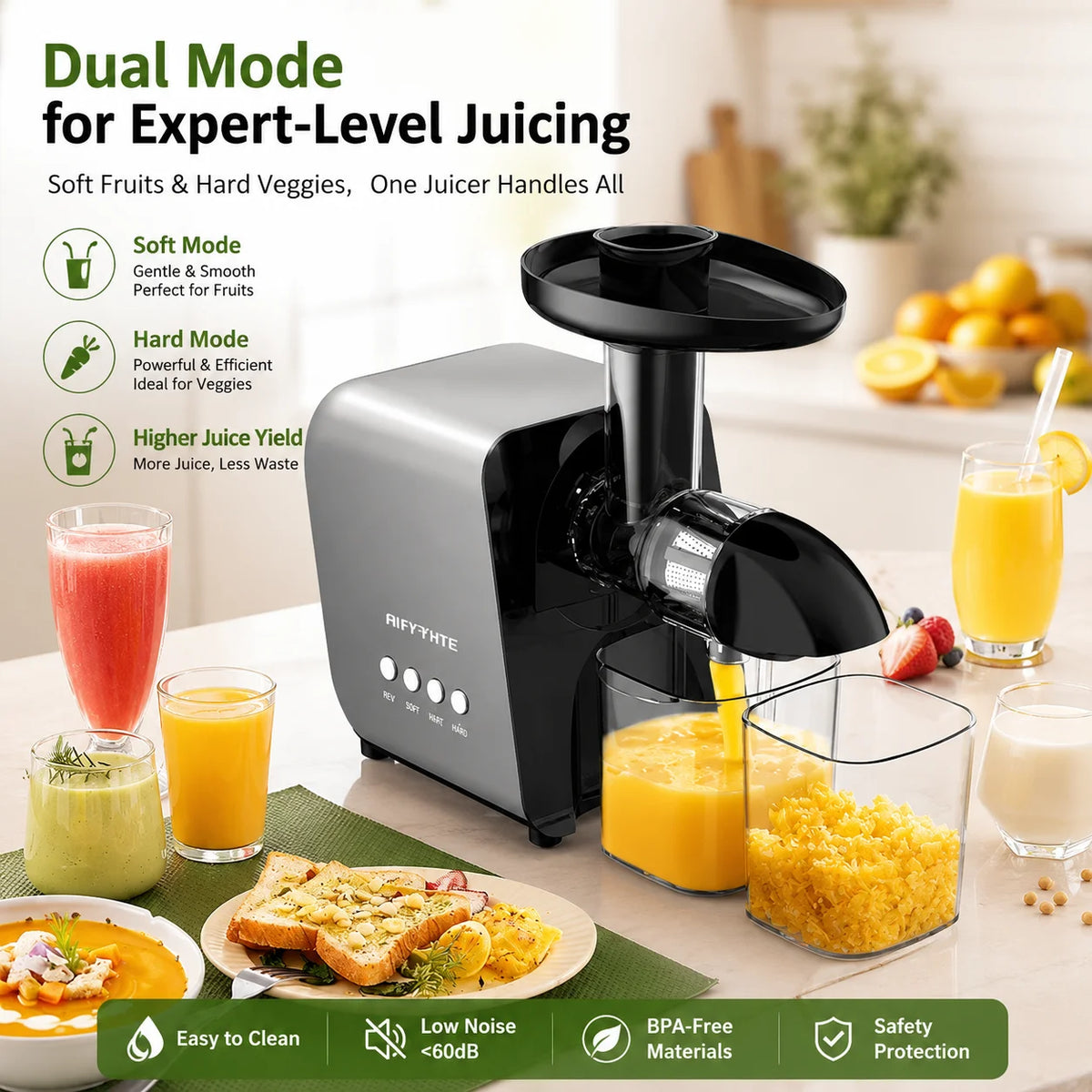 250W Slow Cold Press Fruit Juice Extractor, Anti-jam Reverse, Easy Clean, BPA-Free Quiet Household Vegetable Juicer