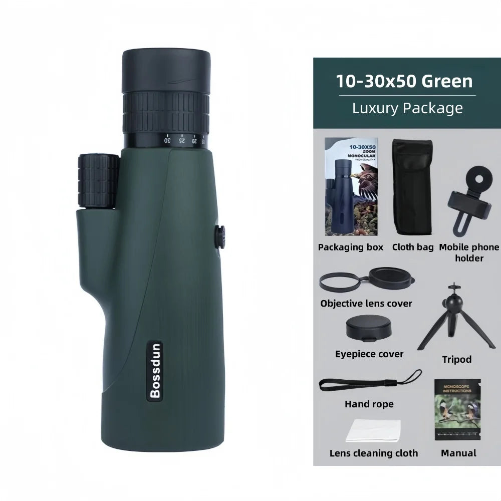 10-30x50 HD Zoom Monocular Telescope with Tripod & Phone Adapter - Powerful Long Range for Bird Watching, Hunting, Camping
