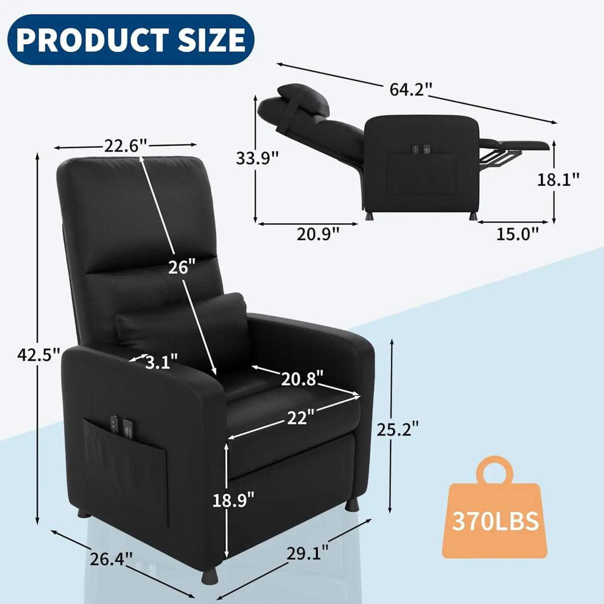Power Recliner Chair with Heat & Massage – Adjustable Electric Recliner, Ergonomic Overstuffed PU Leather Single Sofa, 2 Side Pockets & USB Port, Home Theater Seating for Living Room