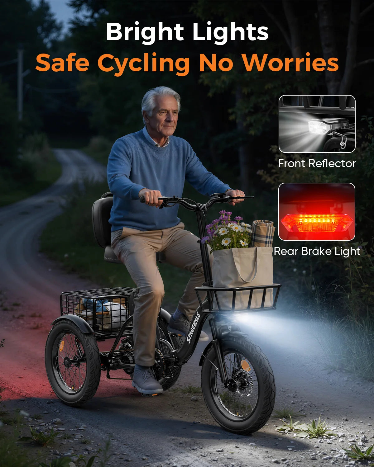 Spacewalk 1200W Peak Electric Trike for Adults, 48V 15Ah Battery 3 Wheel Electric Bike with 18"x3.0 Fat Tires, 60 Miles Range, Folding Cargo E-Bike with Wide Comfort Seat & Basket for Seniors-Black