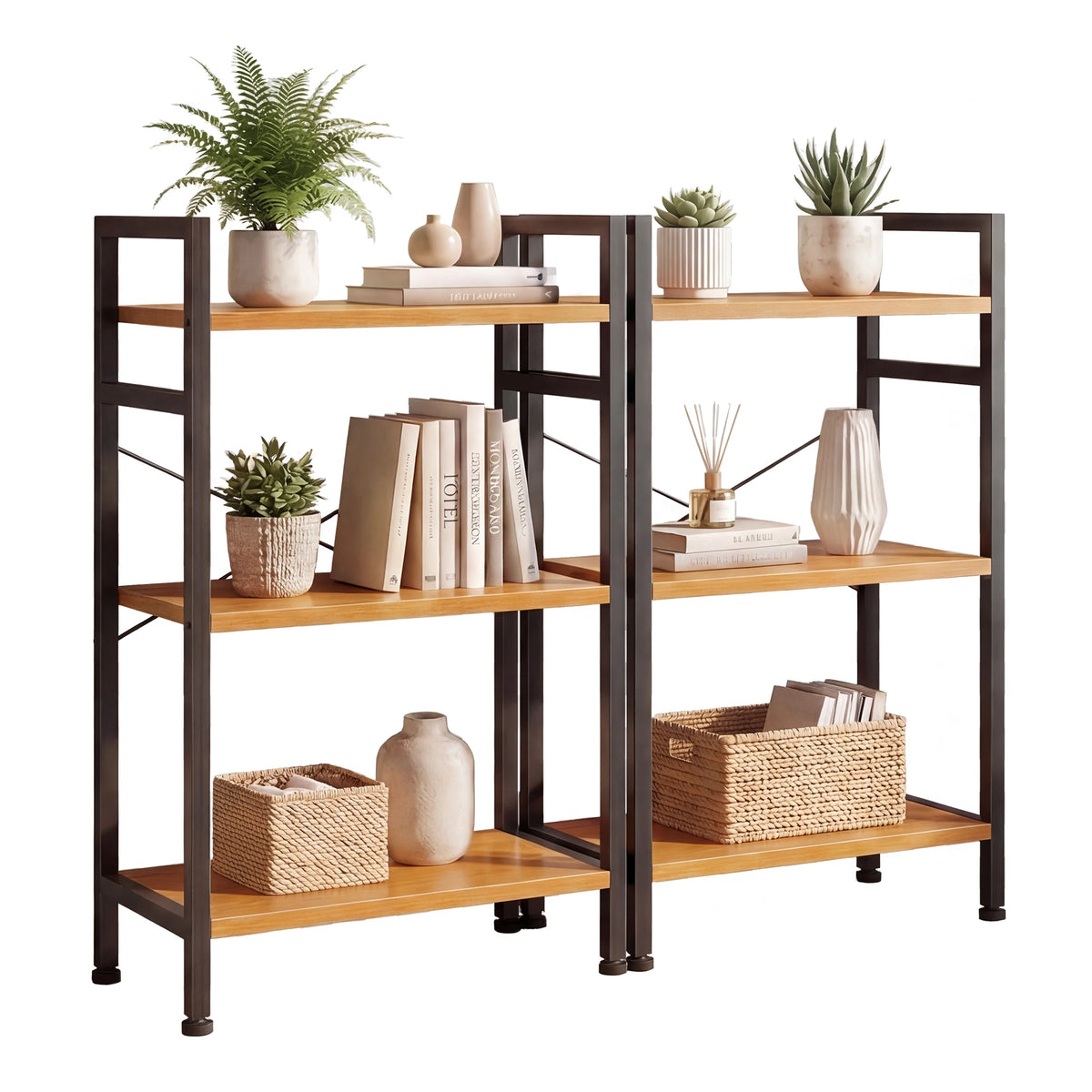 MCQ 3 Tiers Metal Classic Bookshelf Freestanding Tall Display Shelf Wooden Storage Tall Display Shelves Bookshelf Sturdy Structure Graduated Shelves Adjustable Feet for Home