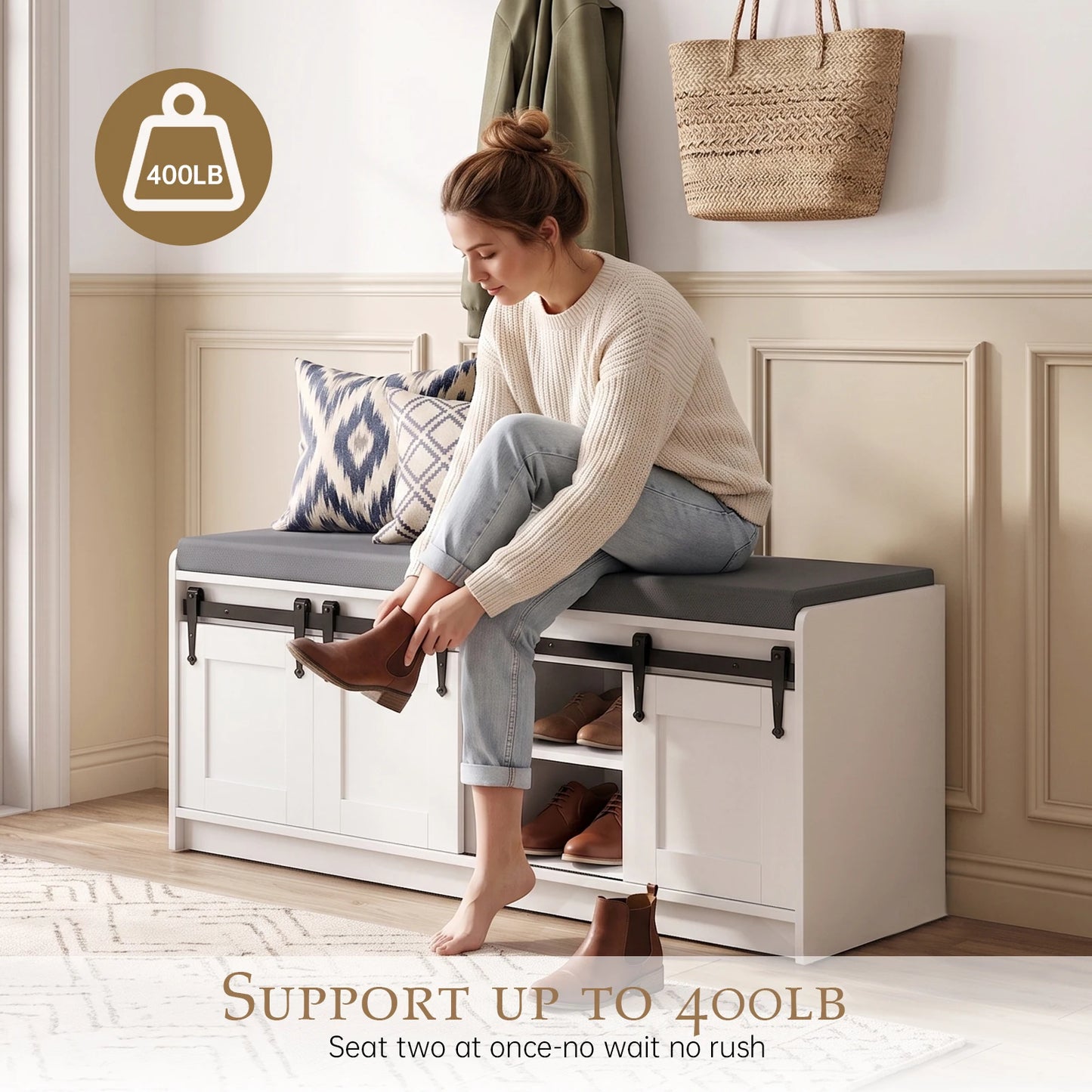 TinyNest 41.7 inch Shoe Storage Bench With Padded Seat Cushion For Entrance, Farmhouse Wooden Entryway Shoe Rack Organizer Cabinets With 4 Adjustable Shelf & 3 Sliding Doors For Hallway, Living Room, Bedroom