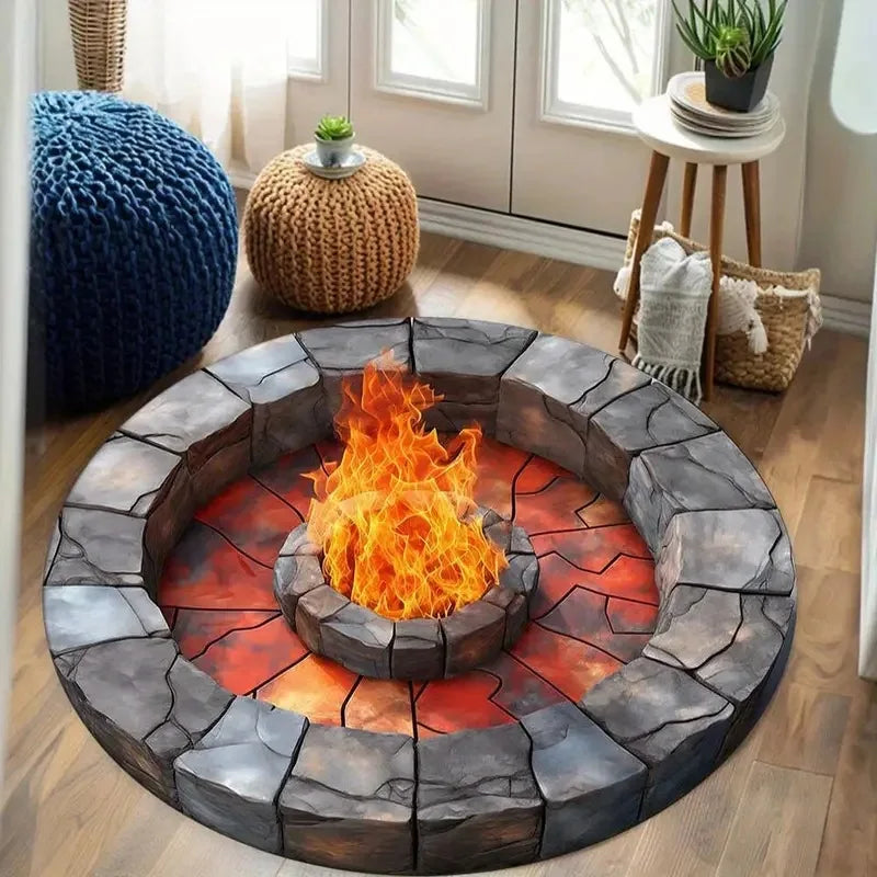 3D Vision Fire Pit Rug Anti-slip Living Room Decoration Round Carpet Waterproof Rugs for Bedroom Washable Bedside Creative Mat
