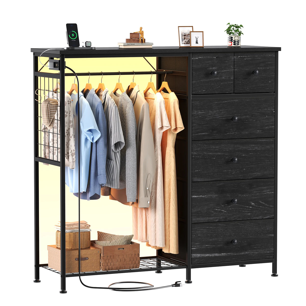 JHK 6 Drawer Fabric Dresser with Hanging Rack for Living Room Closet Storage Organizer with Charging Station and LED Lights for Home Entryway