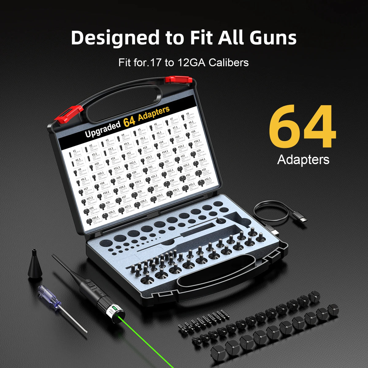 Universal Bore Sighting Tool Kit, Rechargeable Green Laser Boresighter with 64 Upgraded Adapters for .17‑12GA, Complete Accessory Set with Storage Case.