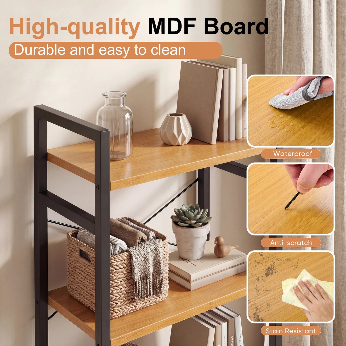 MCQ 3 Tiers Metal Classic Bookshelf Freestanding Tall Display Shelf Wooden Storage Tall Display Shelves Bookshelf Sturdy Structure Graduated Shelves Adjustable Feet for Home
