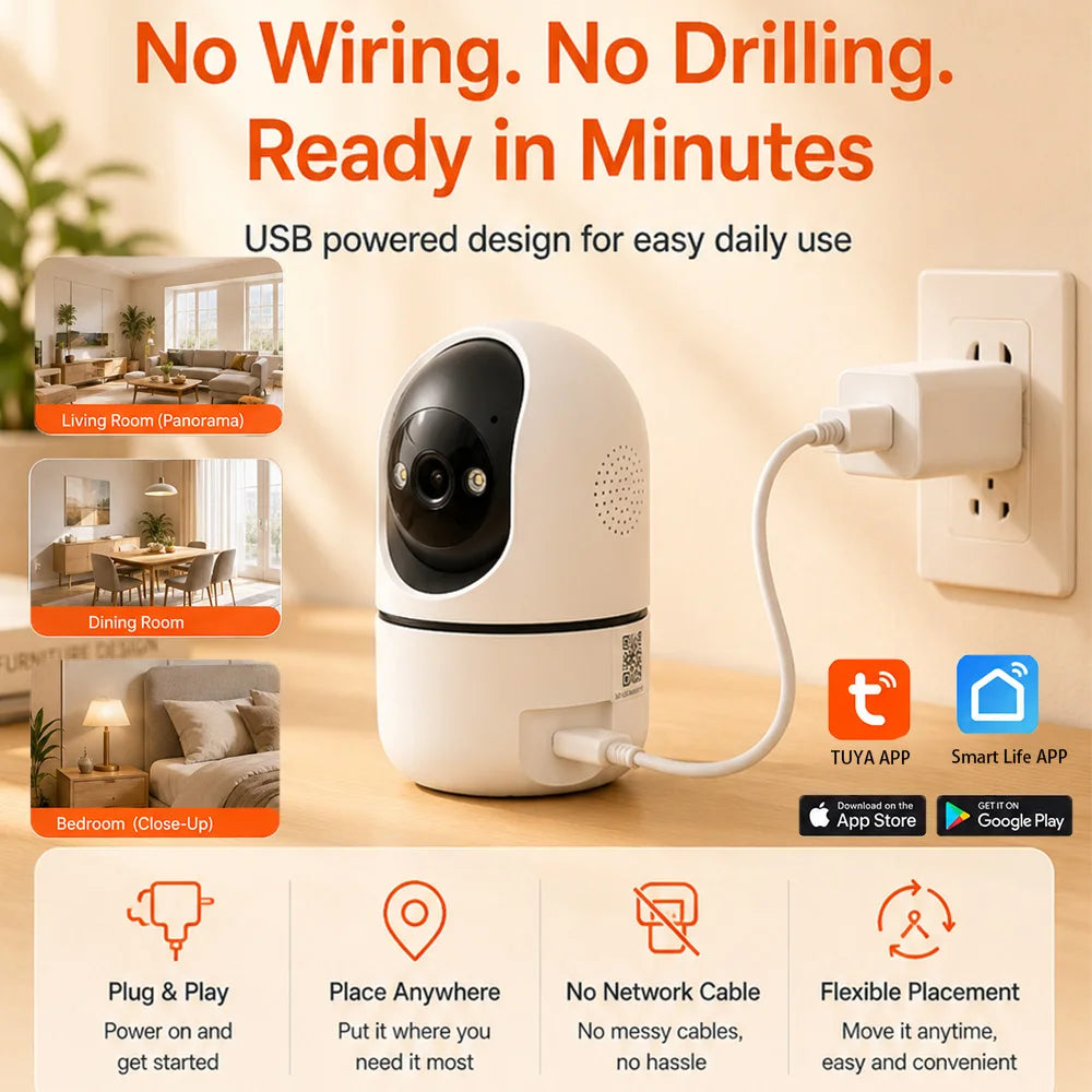Indoor PTZ WiFi Camera 2MP HD Tuya Smart APP Home Security Camera 355 Pan Tilt Night Vision Two Way Audio Motion Alert Baby Pets