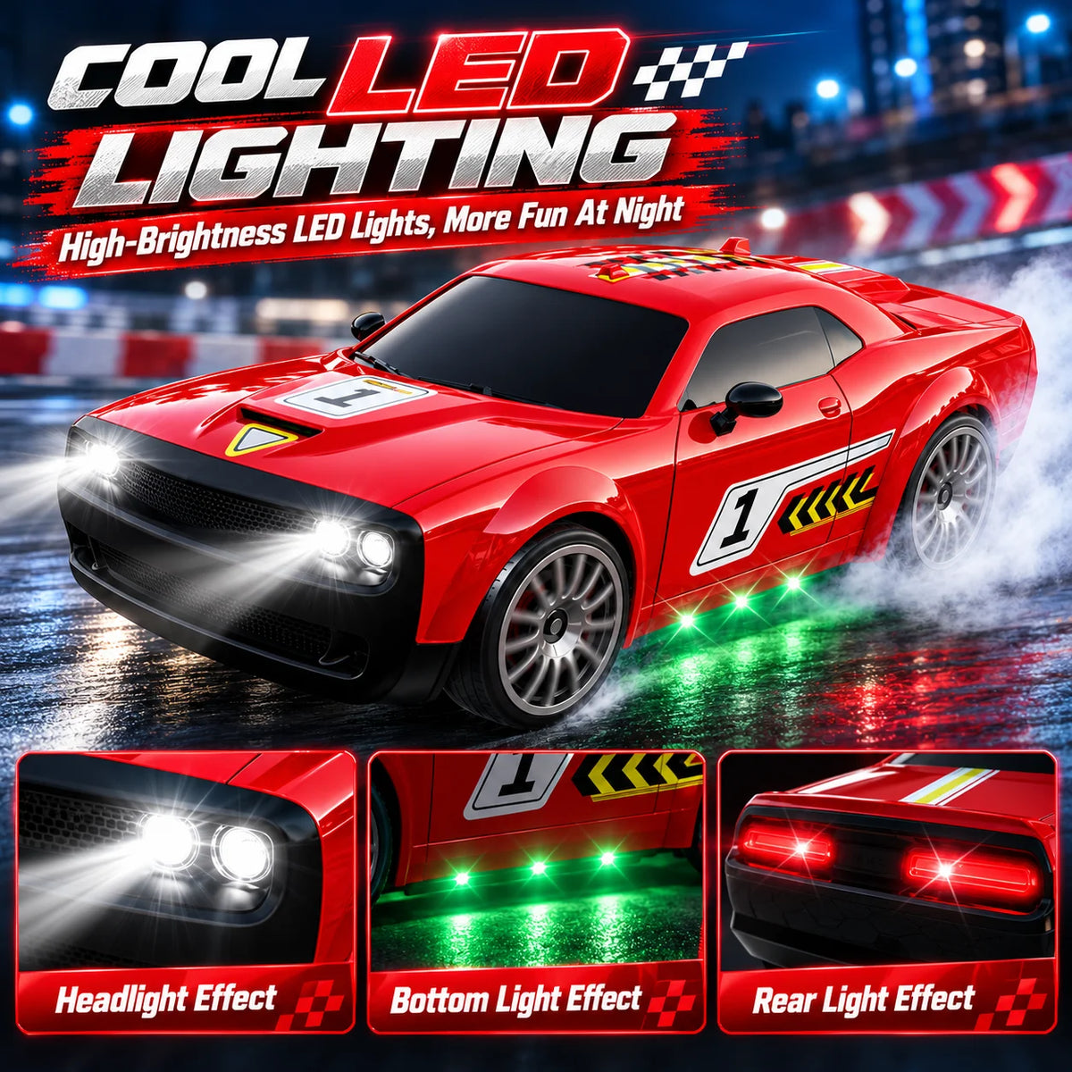 1:20 4WD RC Drift Car 2.4Ghz Full‑Proportional Remote Interchangeable Drift & Racing Tires Gearbox Damping Multi‑LED Light Racing Hobby Toy