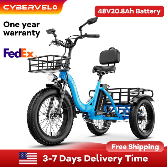 Cybervelo C16 1000W Peak Folding Fat Tire Step-Thru Adult Electric Tricycle 20.8Ah Removable Battery Cargo E-Trike for Seniors