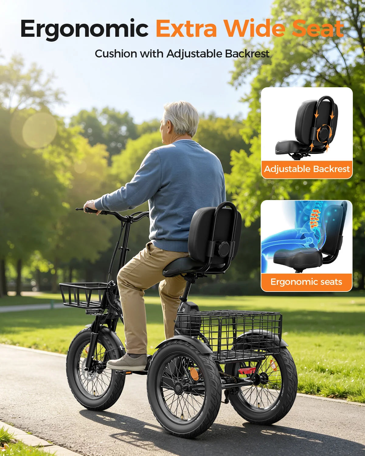 Spacewalk 1200W Peak Electric Trike for Adults, 48V 15Ah Battery 3 Wheel Electric Bike with 18"x3.0 Fat Tires, 60 Miles Range, Folding Cargo E-Bike with Wide Comfort Seat & Basket for Seniors-Black