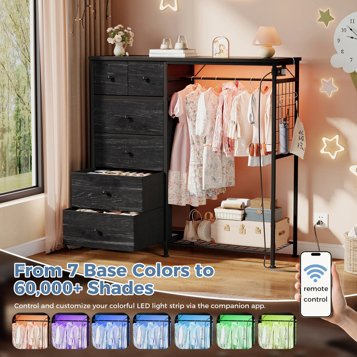 JHK 6 Drawer Fabric Dresser with Hanging Rack for Living Room Closet Storage Organizer with Charging Station and LED Lights for Home Entryway