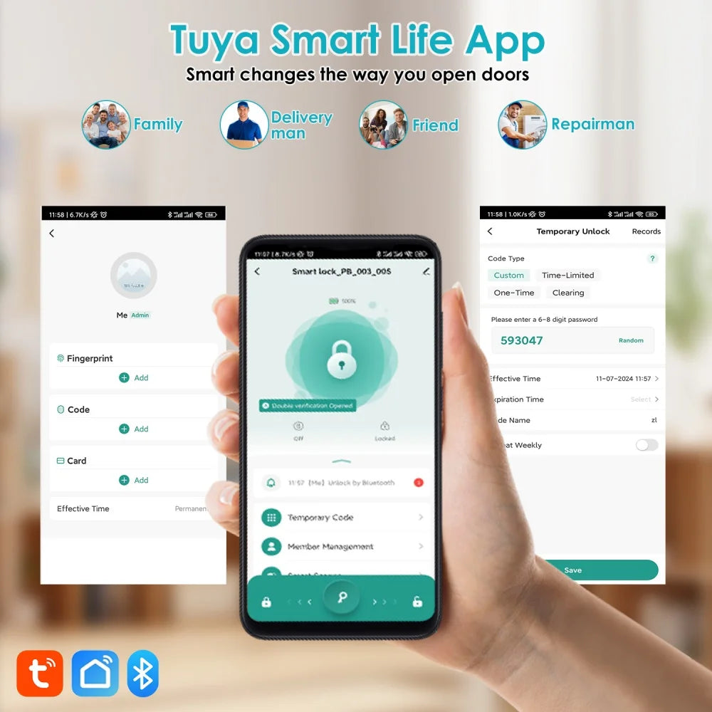 YFK Tuya 5-in-1 Smart Door Handle Lock Bluetooth Fingerprint Keyless Entry Lock Fake PIN NFC IC Card Temporary Password APP Remote Unlock Interior Smart Life Lock for Home Apartment Office Wooden Door