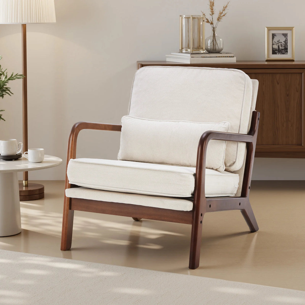 JHK Mid Century Modern Chair Solid Wooden Frame Accent Chair with Arms and Waist Cushion Reading Chairs for Adults Lounge Chair