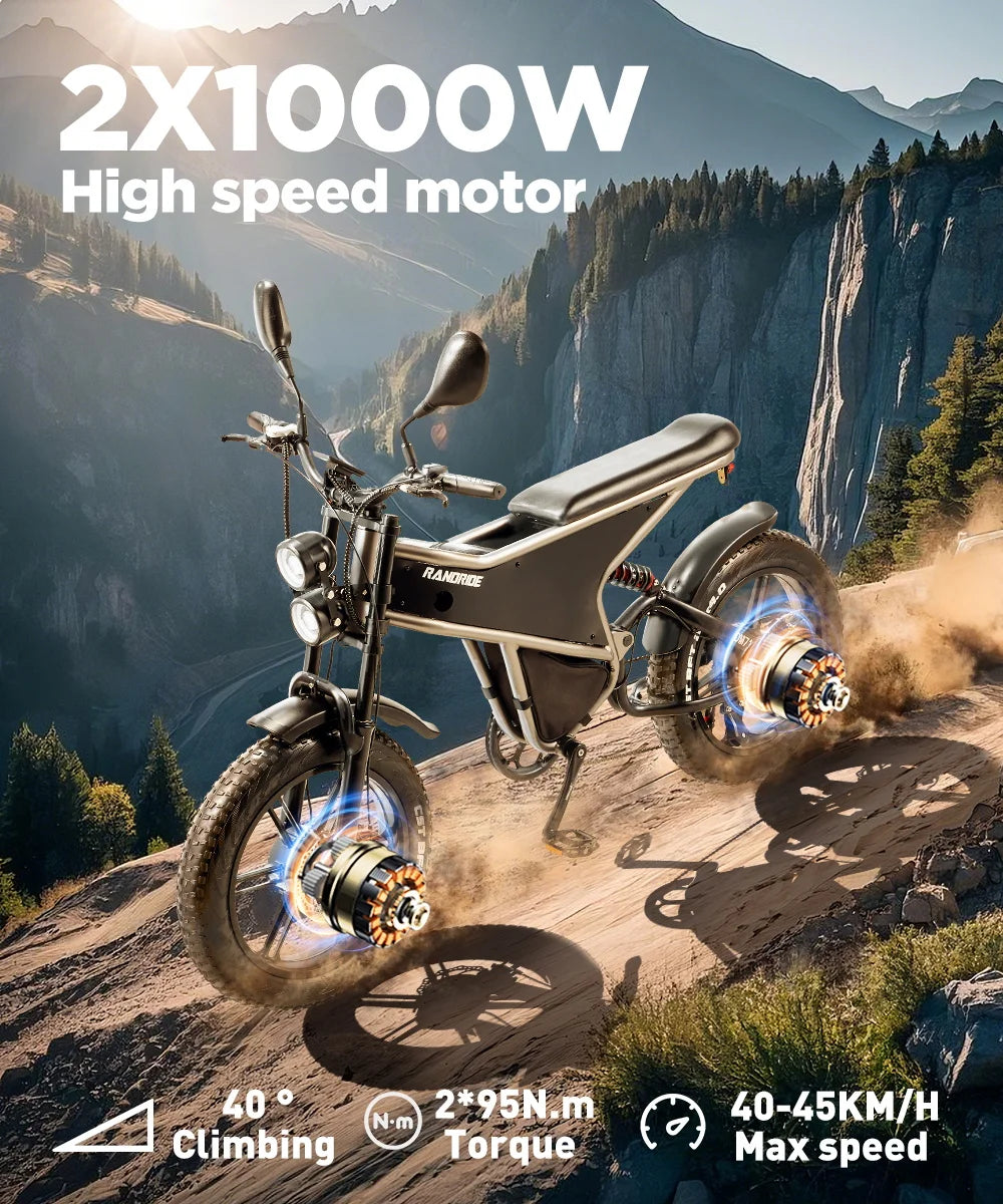 Electric Bike for Adults RANDRIDE DM711, 2000W Motor, 48V 20Ah Removable Lithium Battery, 20*4.0 inch Fat TireFull Suspension Electric Mountain Bike, Mechanical Brake, Long Range Off-Road Beach Snow Bicycle, 40-45KMH Max Spee