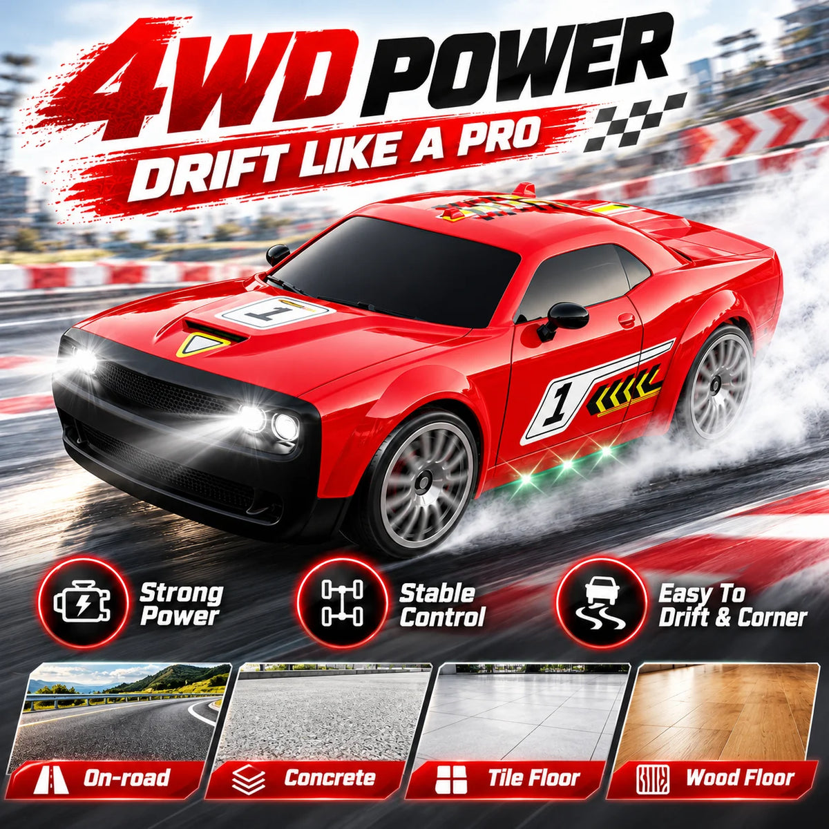 1:20 4WD RC Drift Car 2.4Ghz Full‑Proportional Remote Interchangeable Drift & Racing Tires Gearbox Damping Multi‑LED Light Racing Hobby Toy