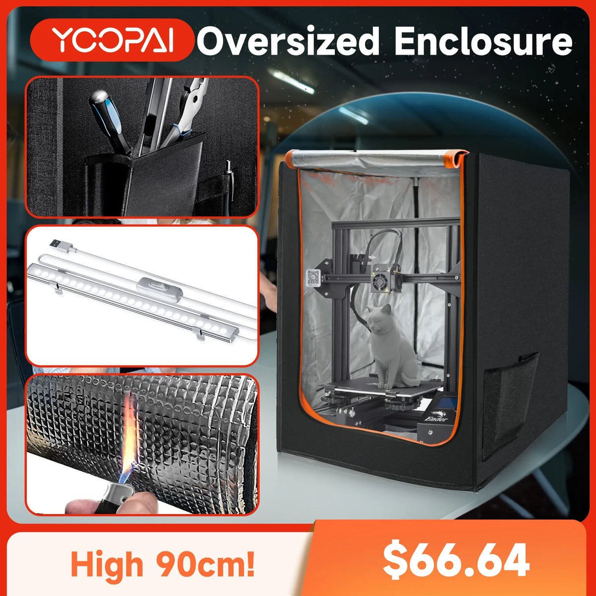 CREALITY Yoopai 3D Printer Enclosure with LED Lighting Fireproof Dustproof Constant Temperature 35.4×27.5×29.5' Large Size Ender