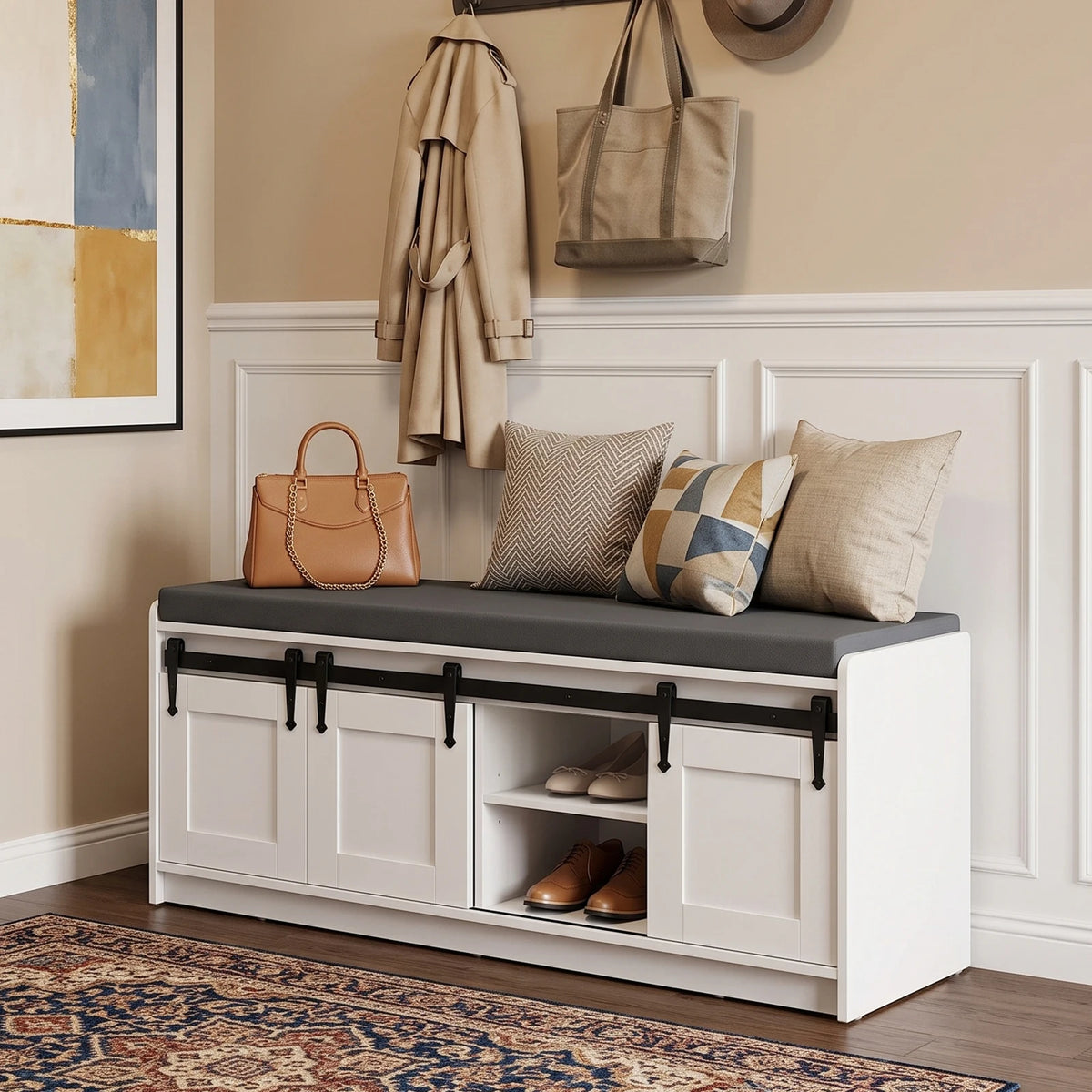 TinyNest 41.7 inch Shoe Storage Bench With Padded Seat Cushion For Entrance, Farmhouse Wooden Entryway Shoe Rack Organizer Cabinets With 4 Adjustable Shelf & 3 Sliding Doors For Hallway, Living Room, Bedroom