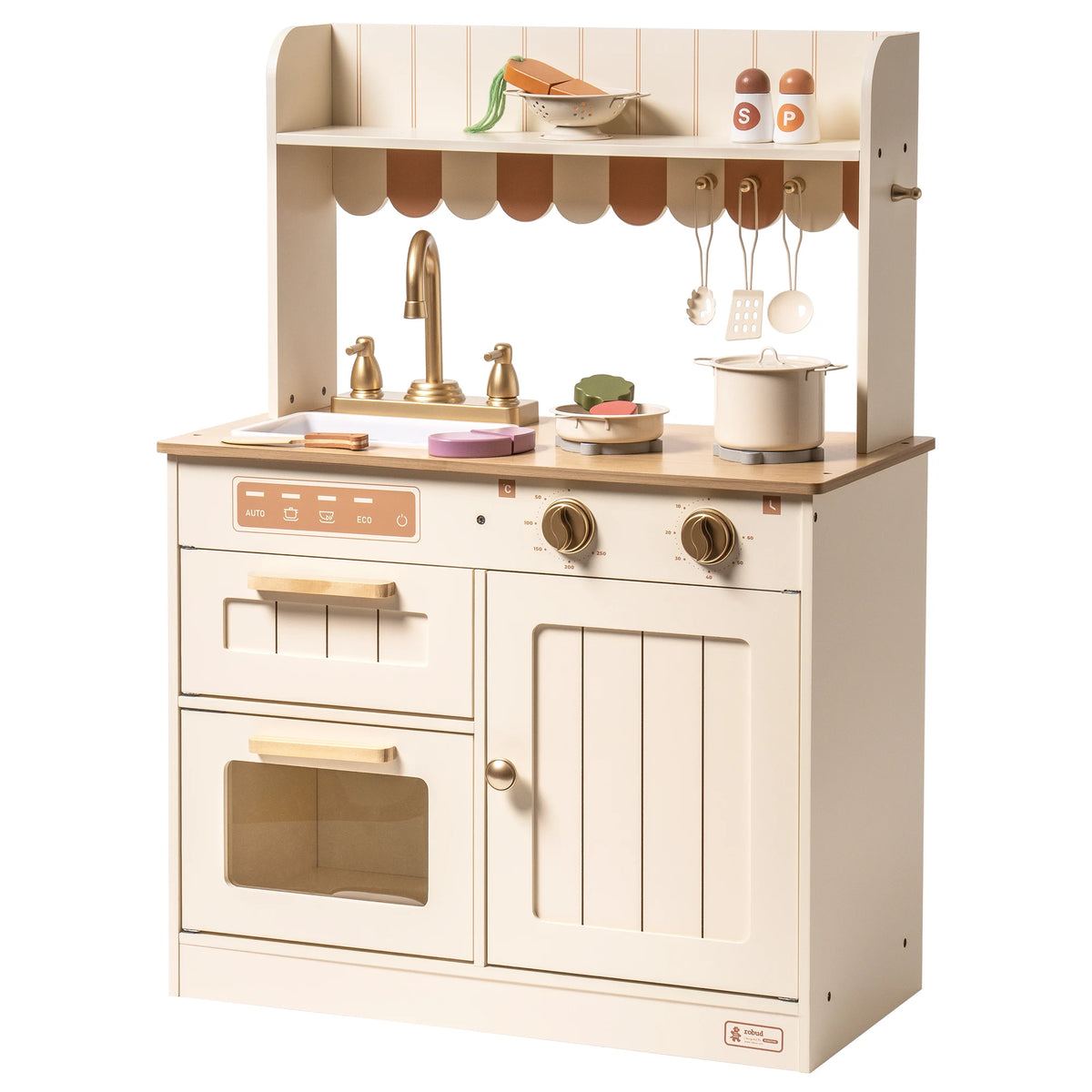 Robud Play Kitchen for Kids Toddlers Wooden Pretend Play Kitchen Set Toy with Cutting Food Set Toys Kitchen Gift for 3+ Kids Beige