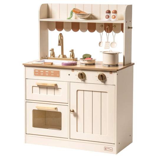 Robud Play Kitchen for Kids Toddlers Wooden Pretend Play Kitchen Set Toy with Cutting Food Set Toys Kitchen Gift for 3+ Kids Beige