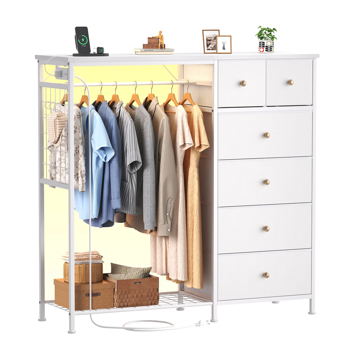 JHK 6 Drawer Fabric Dresser with Hanging Rack for Living Room Closet Storage Organizer with Charging Station and LED Lights for Home Entryway