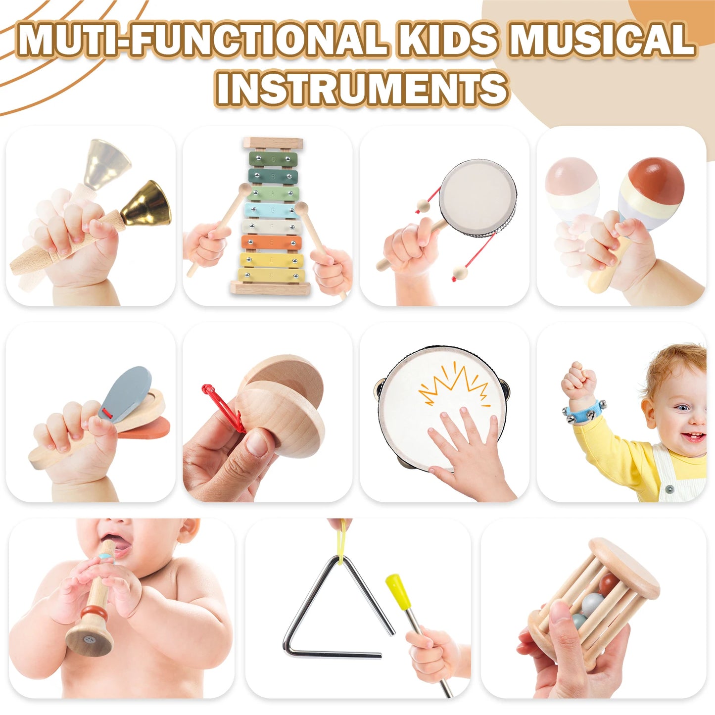 11 in 1 Toddler Musical Instruments,Wooden Percussion Instruments Toy for Kids Baby Preschool Educational Musical Toys Set for B