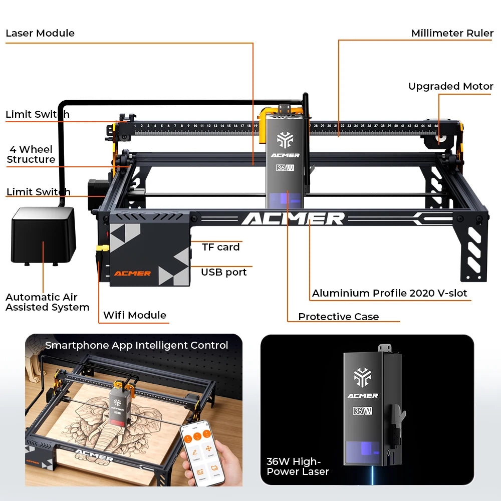 P1 S PRO 48W/36W/20W  Laser Engraver and Cutting High Pow Machine  WIFI APP with Air Pump For Plywood Acrylic MDF Glass Leather